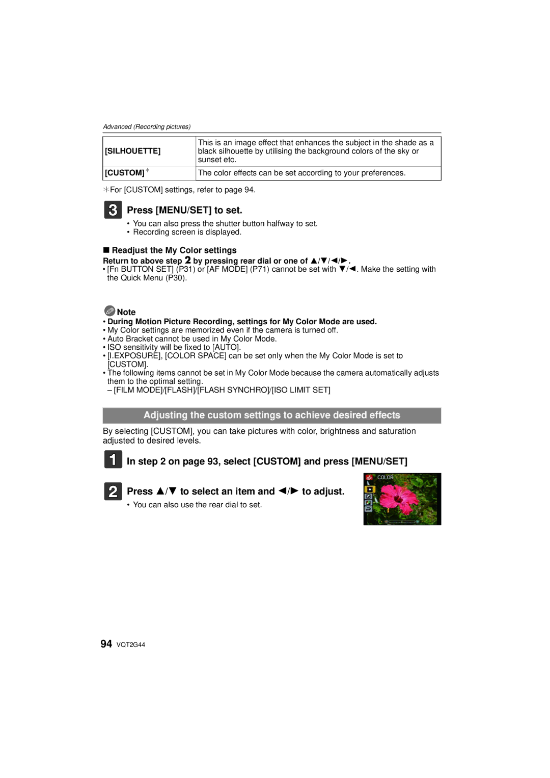 Panasonic DMCGF1KK, DMCGF1CK Adjusting the custom settings to achieve desired effects, Readjust the My Color settings 