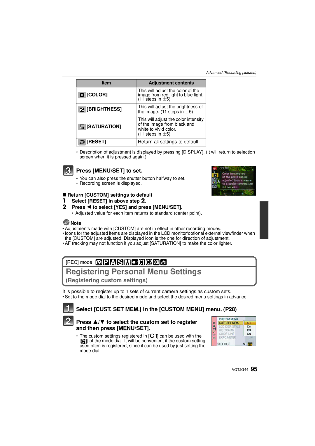 Panasonic DMC-GF1C, DMCGF1CK, DMCGF1KK Registering Personal Menu Settings, Color, Brightness, Saturation, Reset 