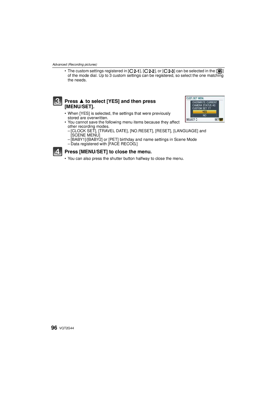 Panasonic DMCGF1CK, DMCGF1KK, DMC-GF1C operating instructions Press 3 to select YES and then press MENU/SET, Scene Menu 