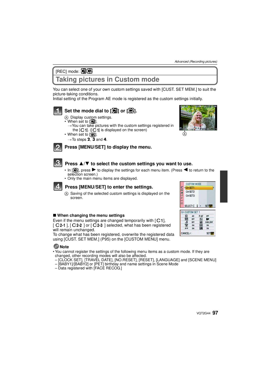 Panasonic DMCGF1KK, DMCGF1CK Taking pictures in Custom mode, Set the mode dial to or, Press MENU/SET to enter the settings 