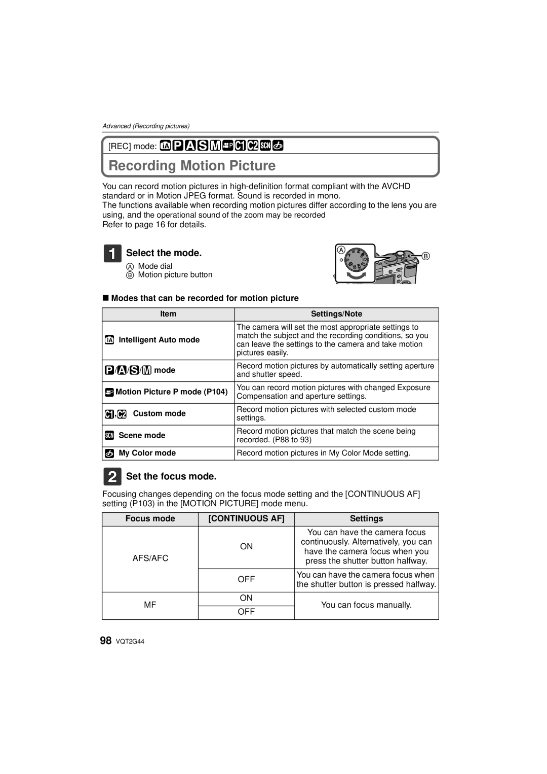 Panasonic DMC-GF1C, DMCGF1CK, DMCGF1KK Recording Motion Picture, Select the mode, Set the focus mode, Continuous AF 