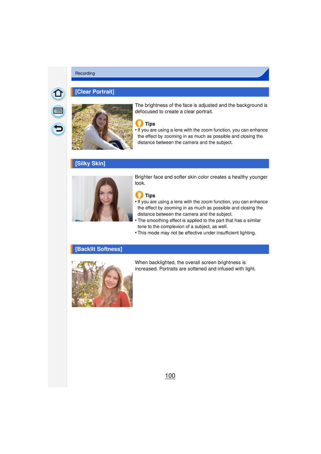 Panasonic DMCGF6KK owner manual 100, Clear Portrait, Silky Skin, Backlit Softness, Tips 