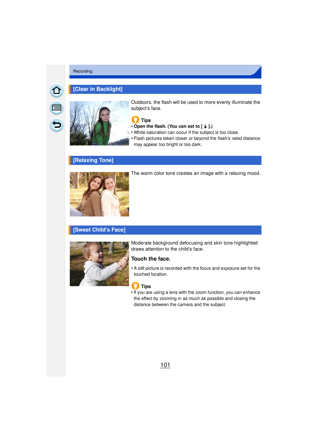 Panasonic DMCGF6KK owner manual 101, Clear in Backlight, Relaxing Tone, Sweet Childs Face, Touch the face 