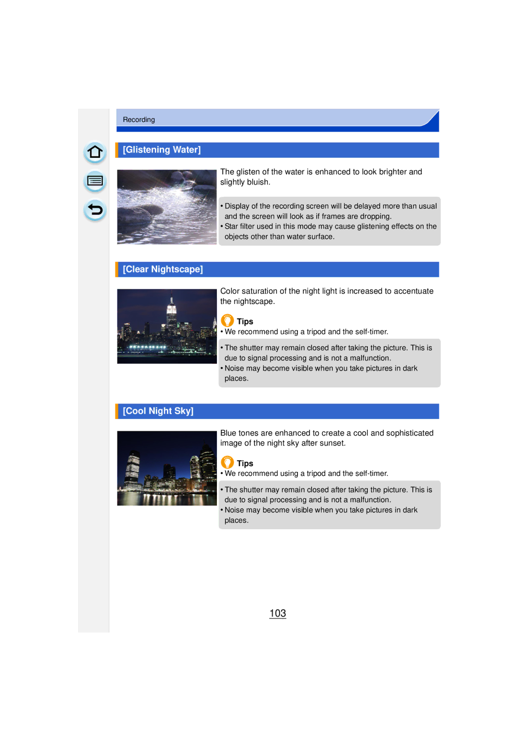 Panasonic DMCGF6KK owner manual 103, Glistening Water, Clear Nightscape, Cool Night Sky 