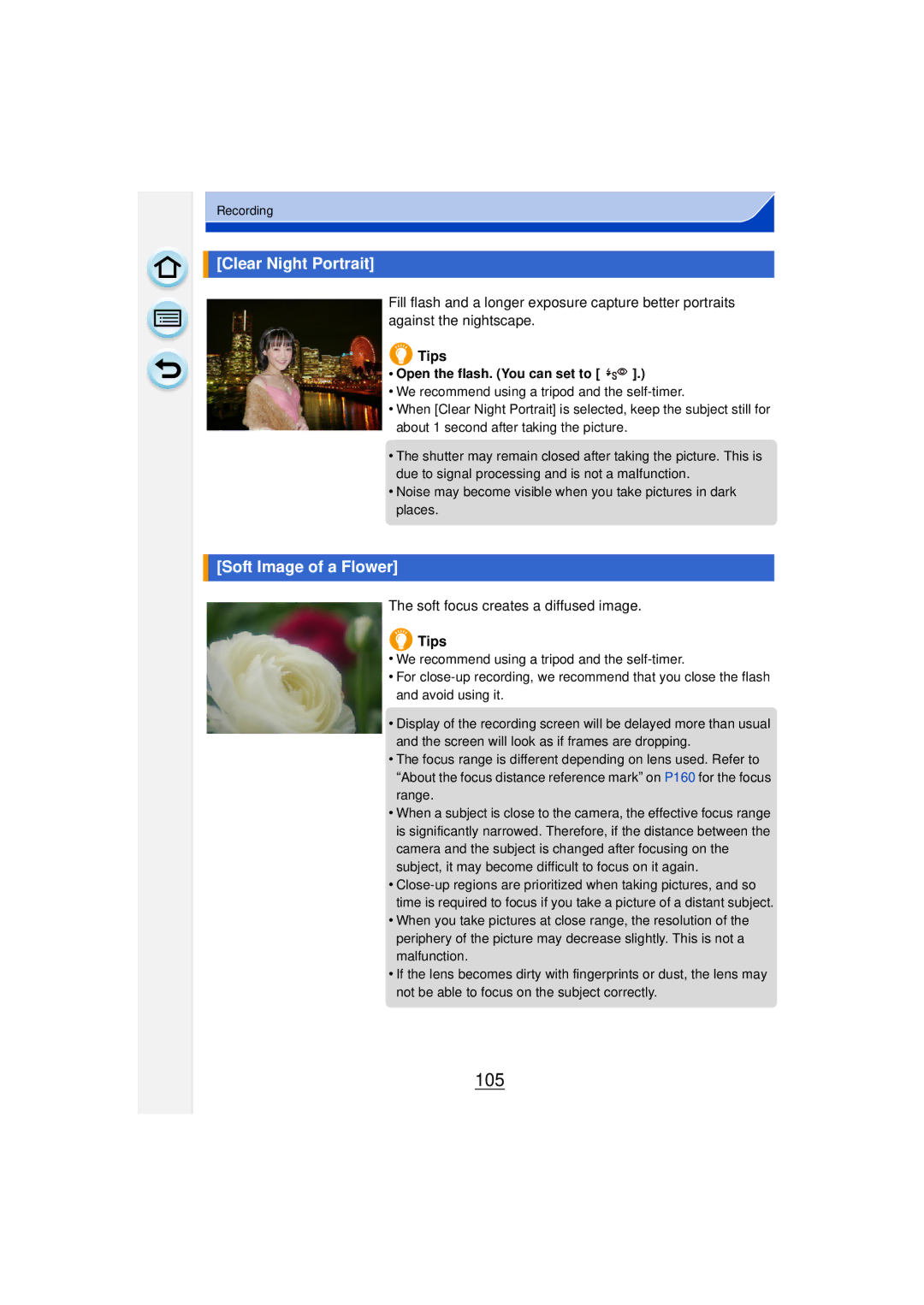 Panasonic DMCGF6KK owner manual 105, Clear Night Portrait, Soft Image of a Flower, Soft focus creates a diffused image 