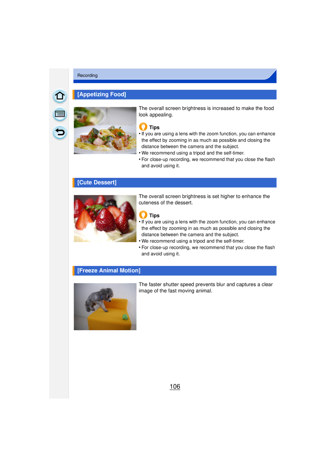 Panasonic DMCGF6KK owner manual 106, Appetizing Food, Cute Dessert, Freeze Animal Motion 