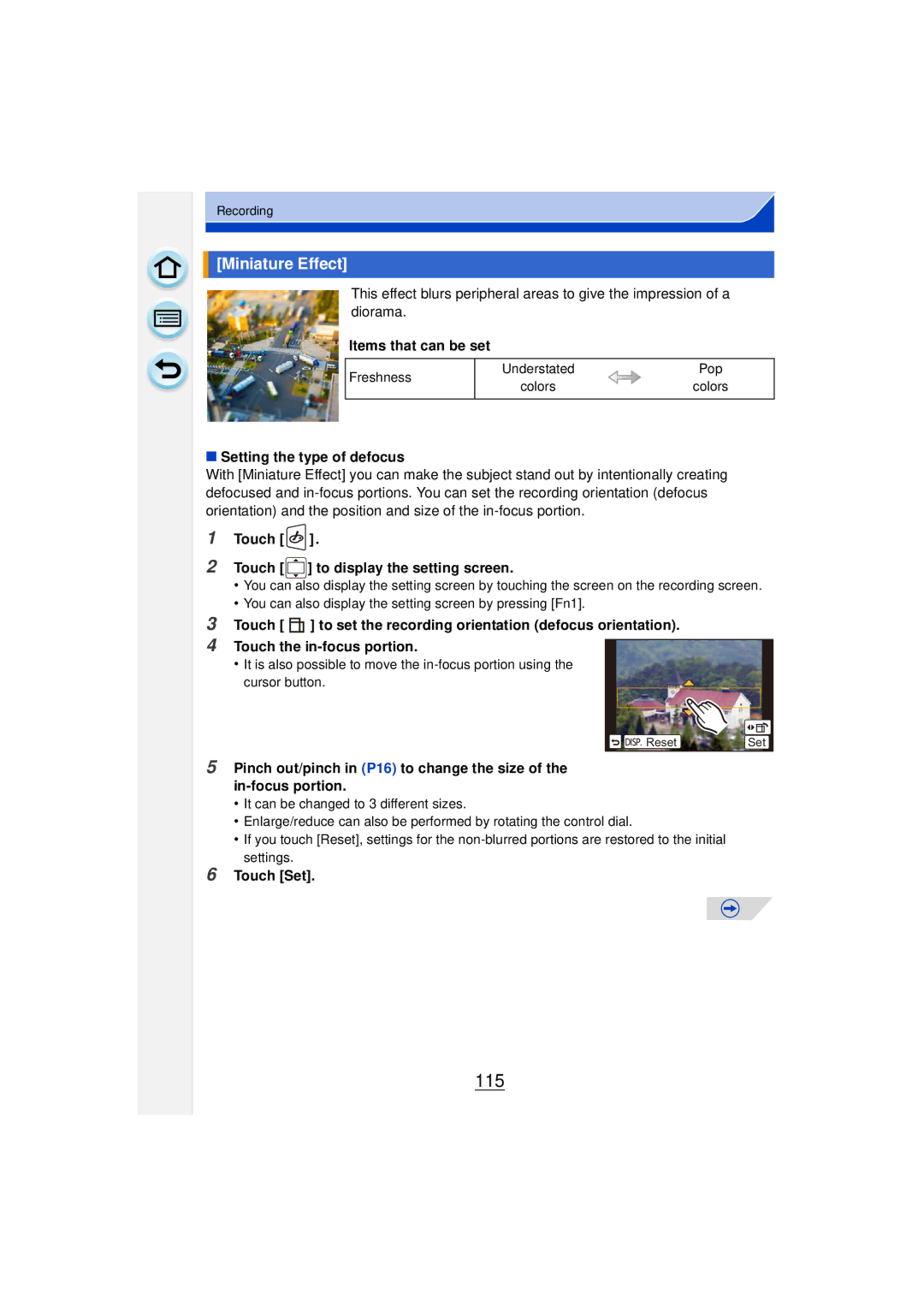 Panasonic DMCGF6KK owner manual 115, Miniature Effect, Setting the type of defocus 