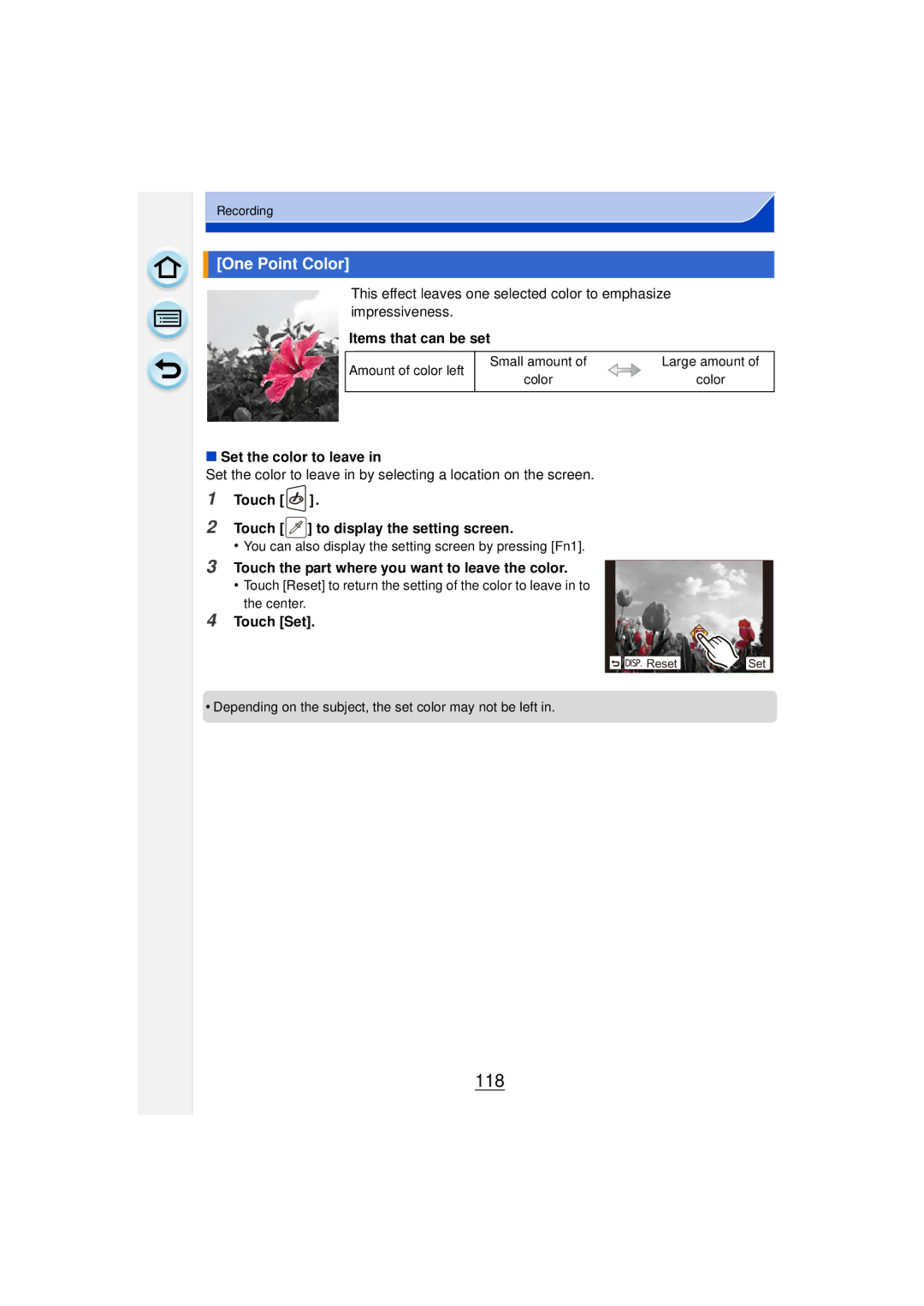 Panasonic DMCGF6KK 118, One Point Color, Set the color to leave, Touch the part where you want to leave the color 