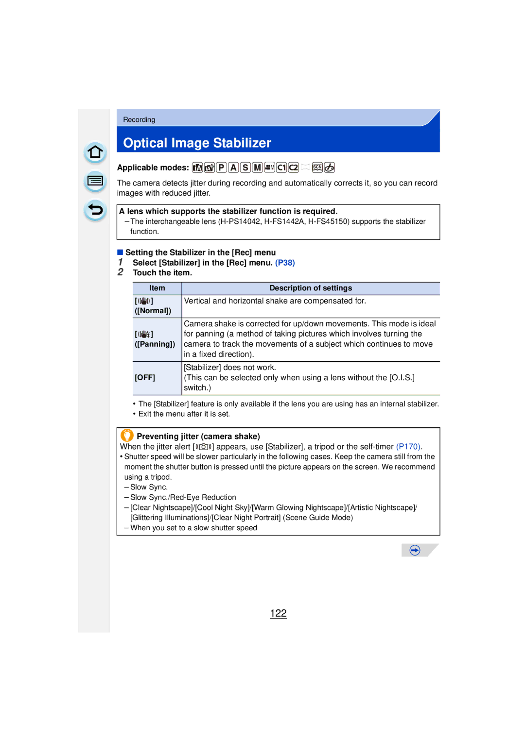 Panasonic DMCGF6KK owner manual Optical Image Stabilizer, 122 