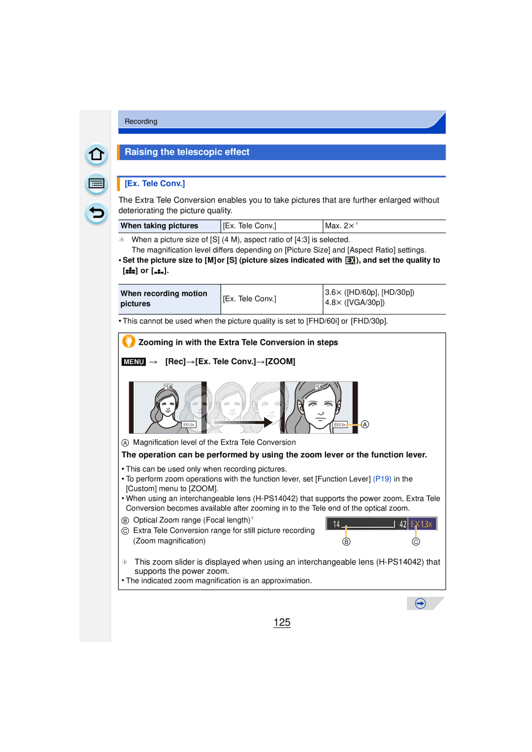 Panasonic DMCGF6KK owner manual 125, Raising the telescopic effect, Ex. Tele Conv, When taking pictures 