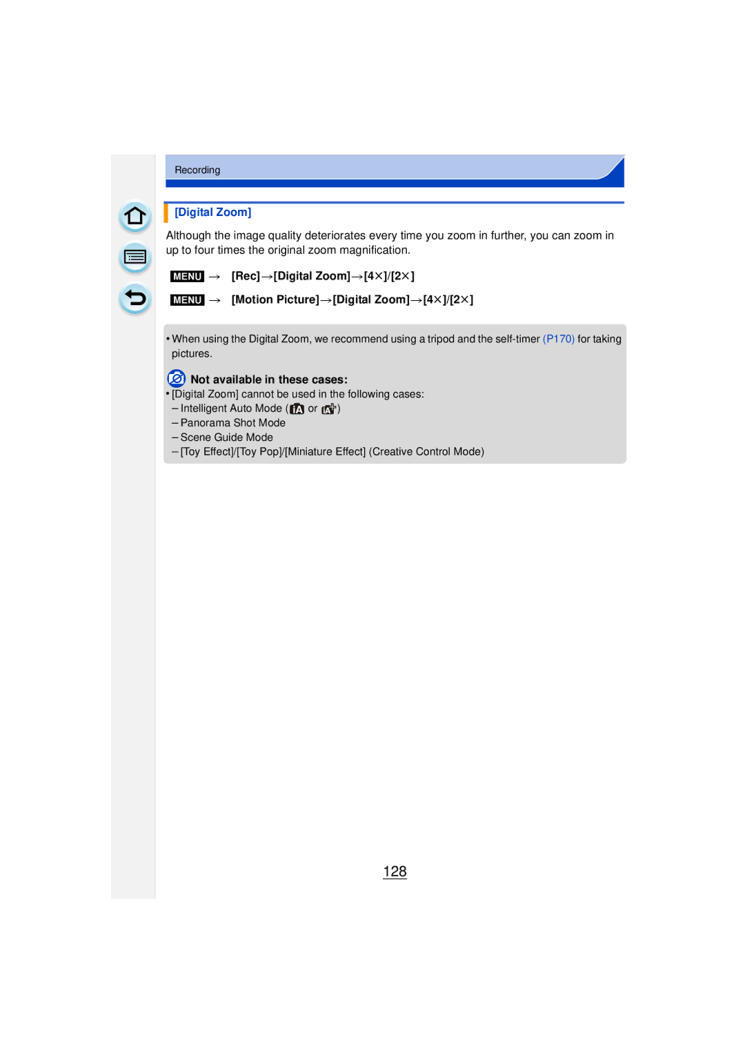 Panasonic DMCGF6KK owner manual 128, Digital Zoom 