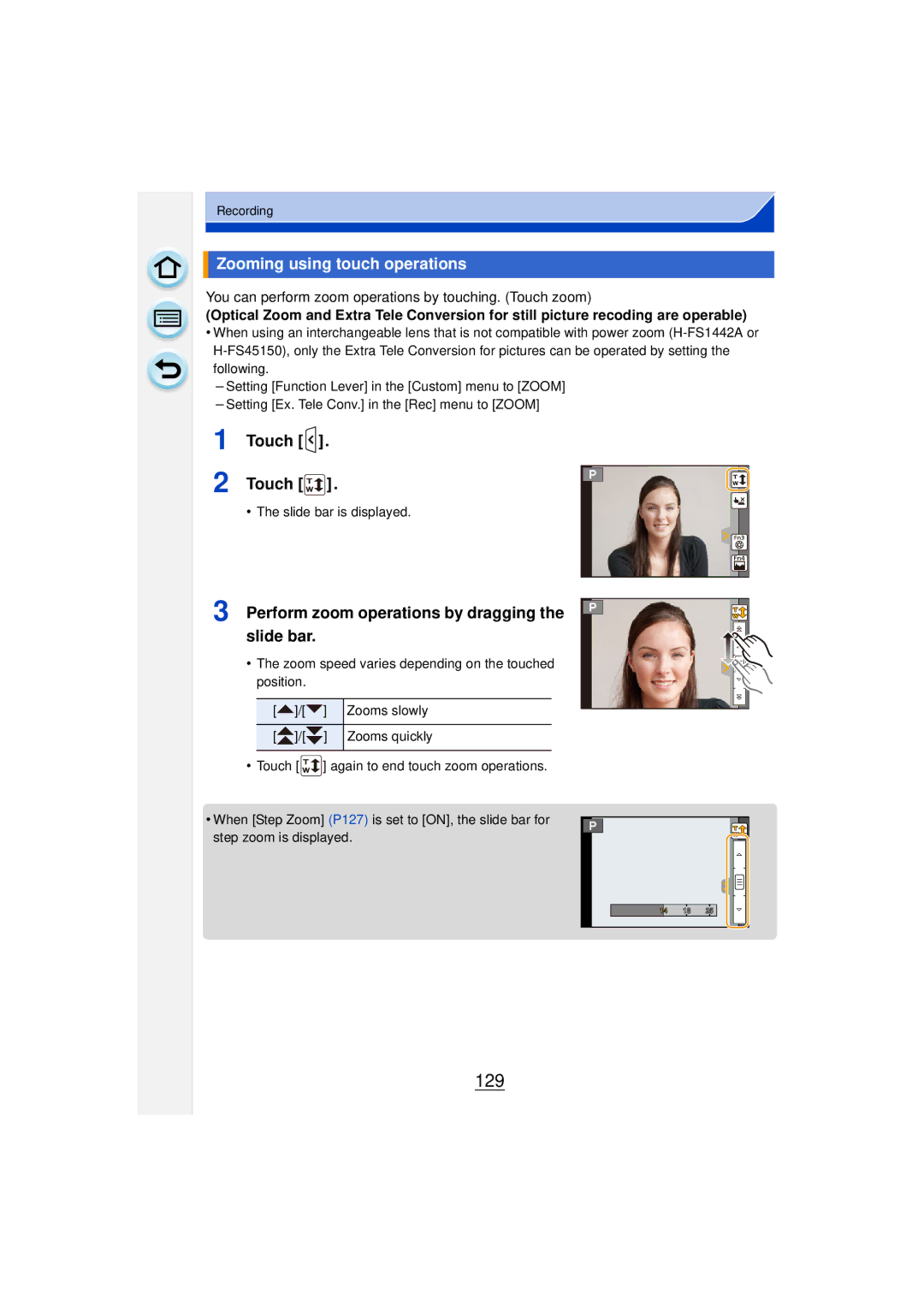 Panasonic DMCGF6KK owner manual 129, Zooming using touch operations, Perform zoom operations by dragging the slide bar 