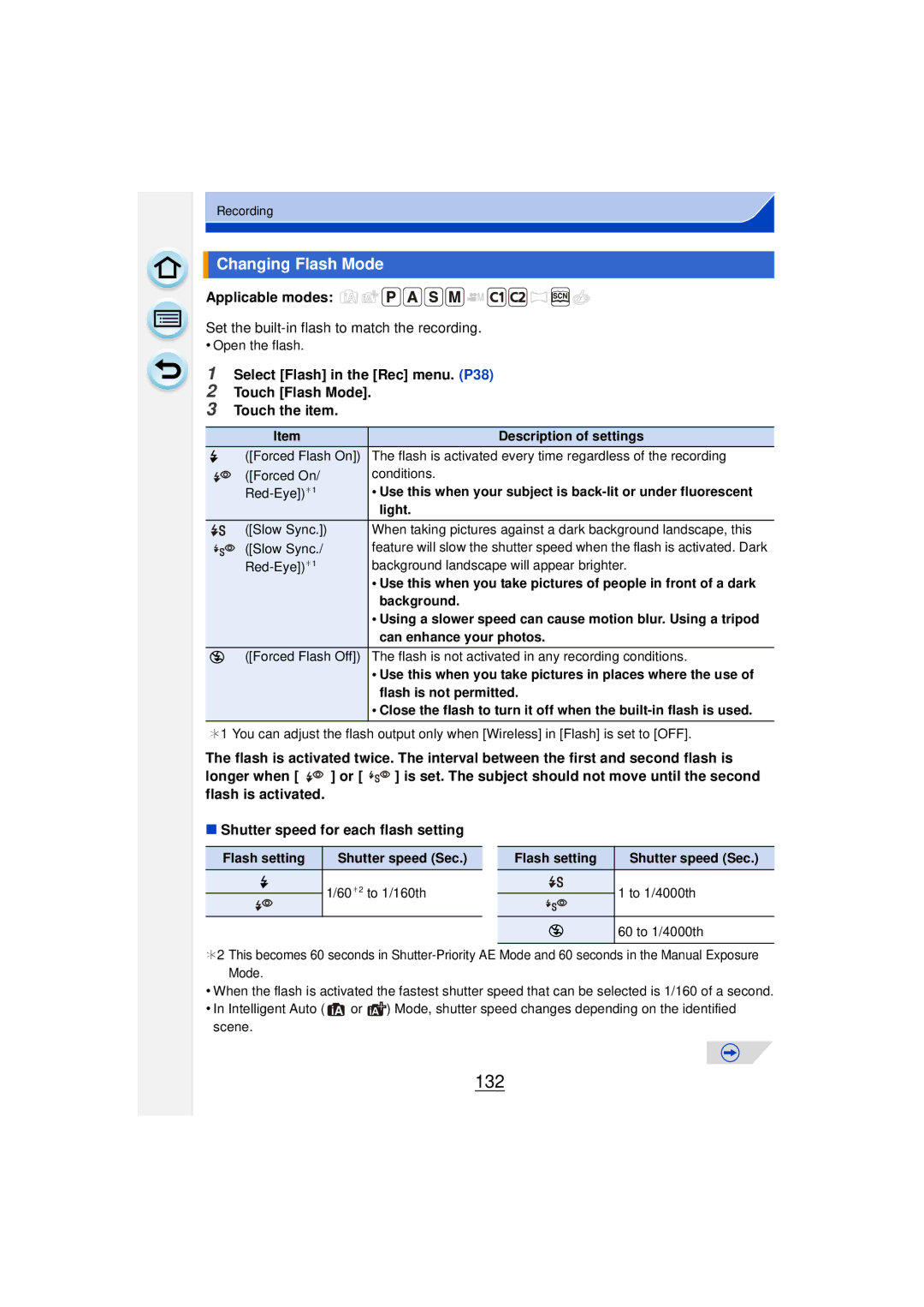 Panasonic DMCGF6KK owner manual 132, Changing Flash Mode, Set the built-in flash to match the recording 