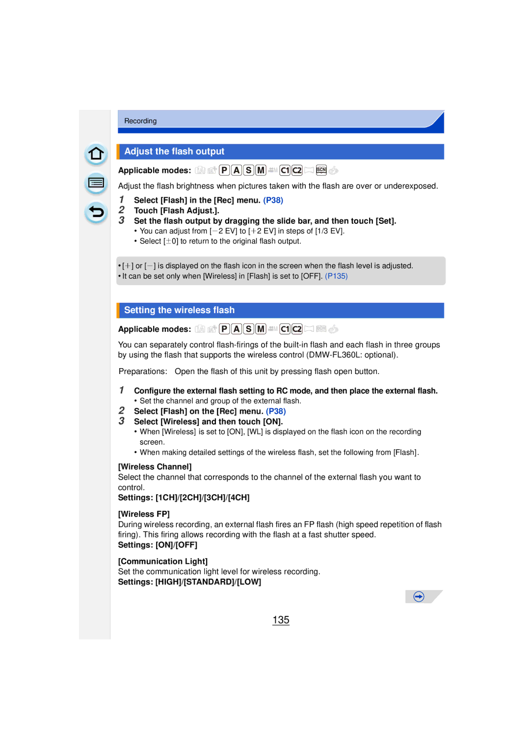 Panasonic DMCGF6KK owner manual 135, Adjust the flash output, Setting the wireless flash 