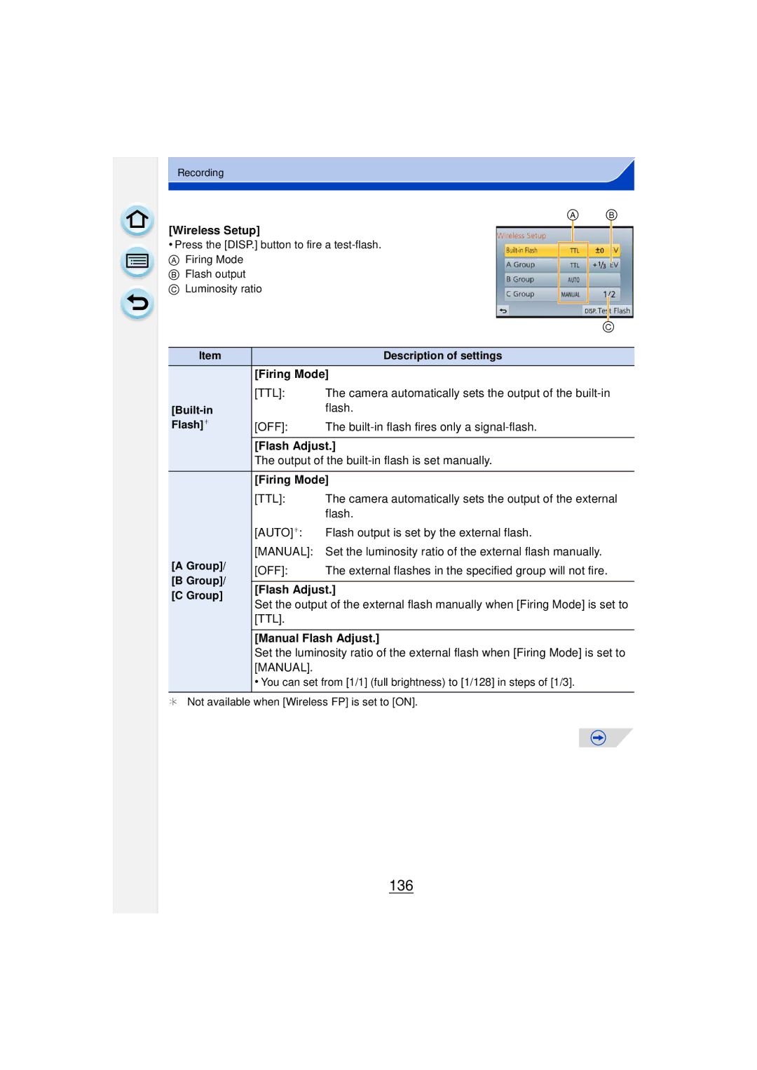 Panasonic DMCGF6KK owner manual 136, Wireless Setup, Firing Mode, Manual Flash Adjust 