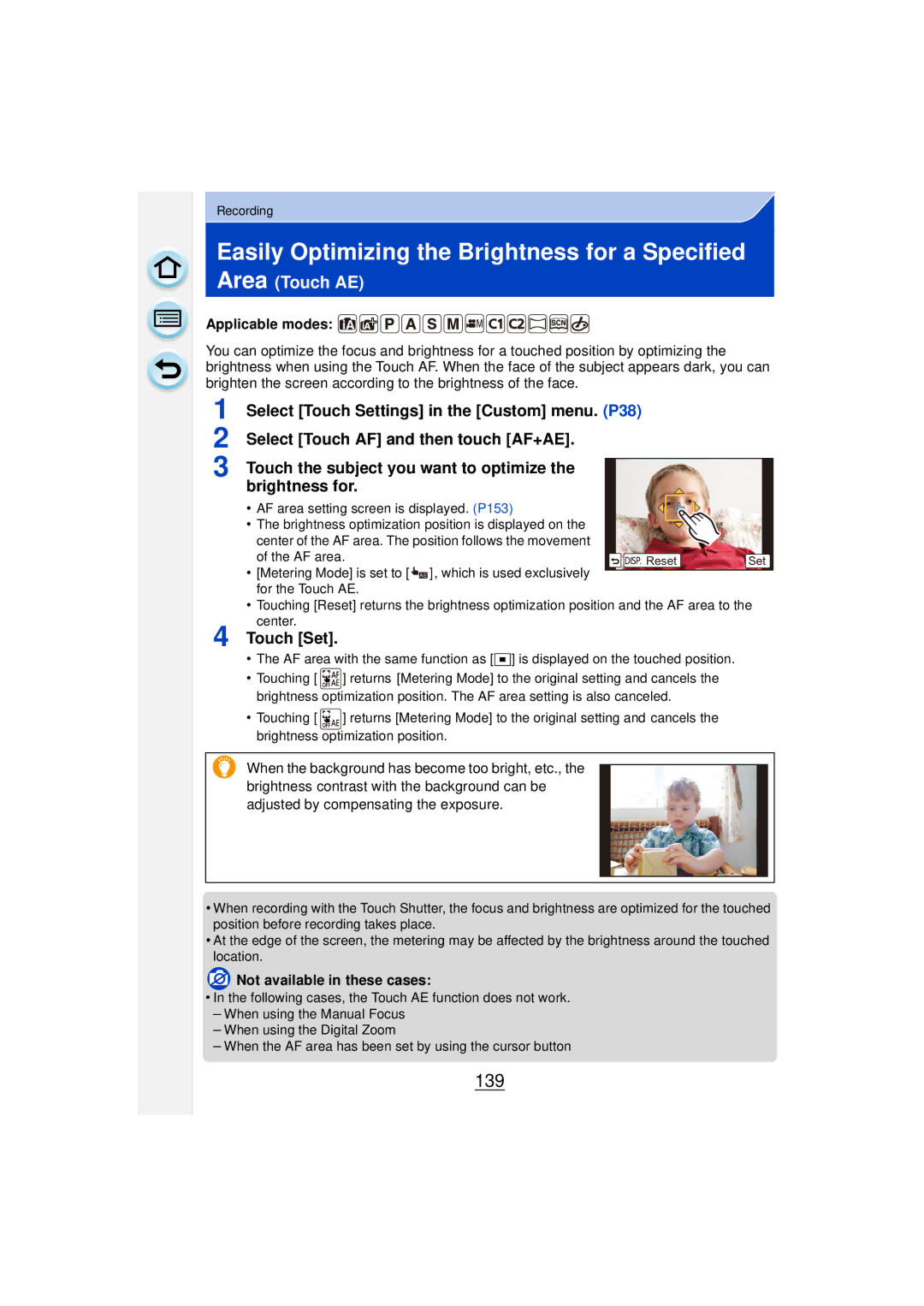 Panasonic DMCGF6KK owner manual Easily Optimizing the Brightness for a Specified Area, 139 