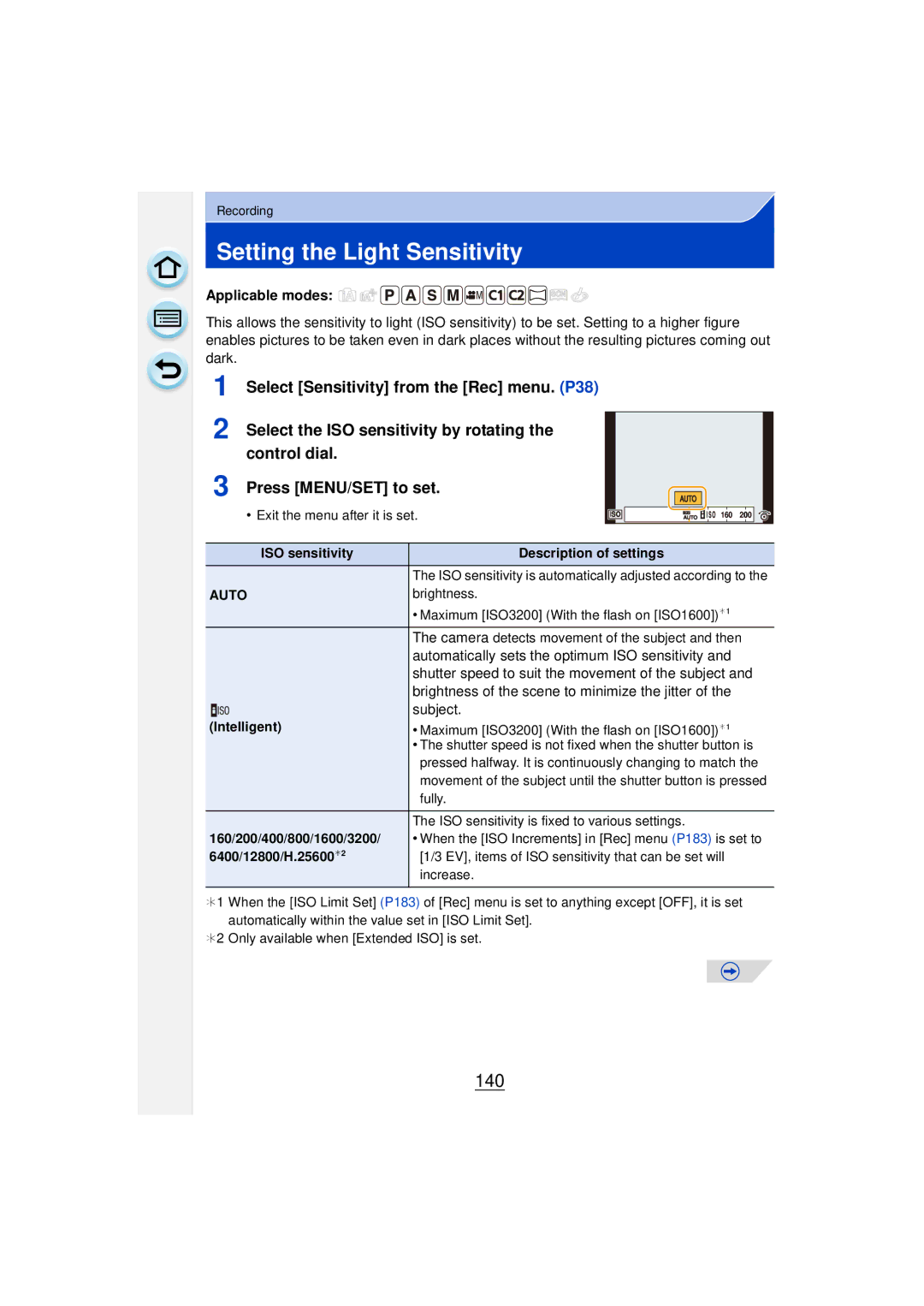 Panasonic DMCGF6KK owner manual Setting the Light Sensitivity, 140 