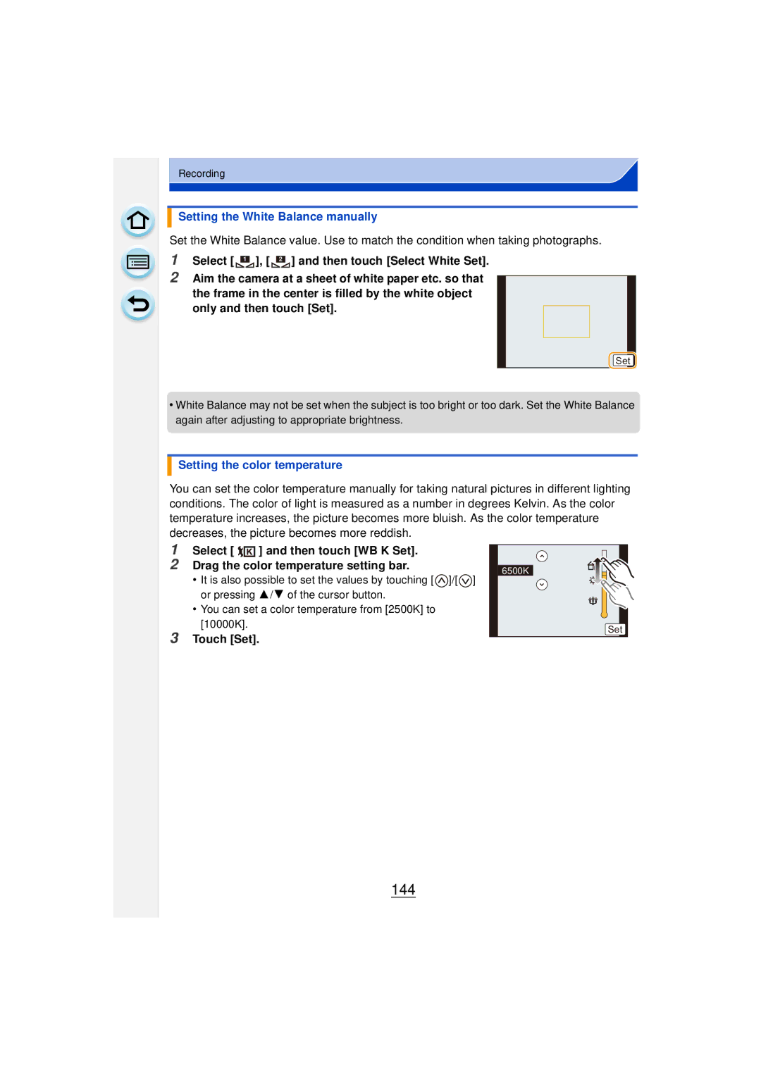 Panasonic DMCGF6KK owner manual 144, Setting the White Balance manually, Select 1 , 2 and then touch Select White Set 