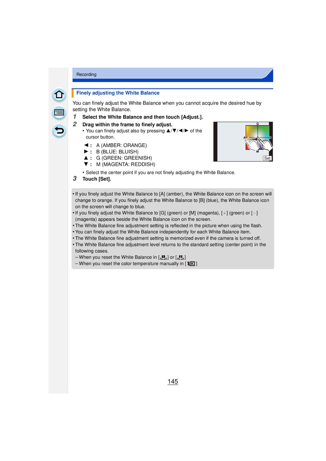 Panasonic DMCGF6KK owner manual 145, Finely adjusting the White Balance, Select the White Balance and then touch Adjust 