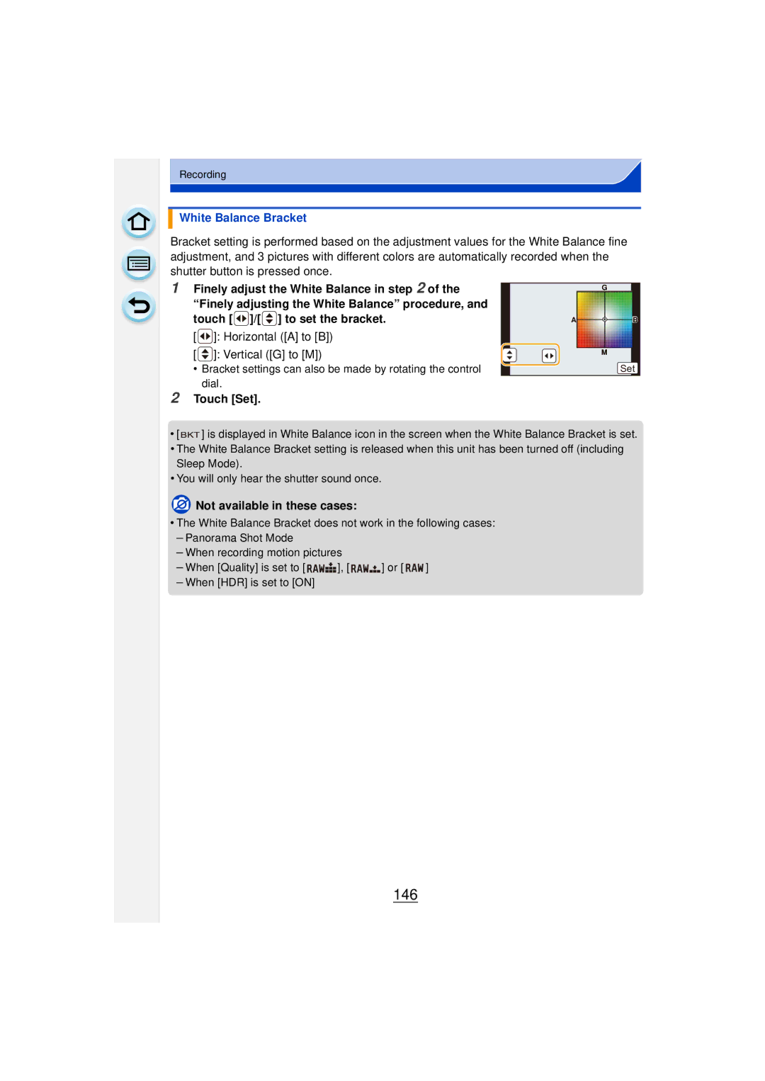 Panasonic DMCGF6KK owner manual 146, White Balance Bracket, Horizontal a to B Vertical G to M 