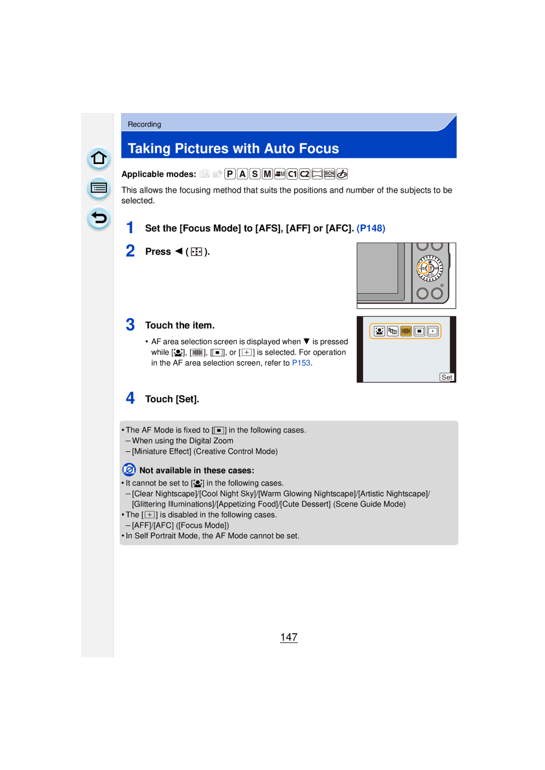 Panasonic DMCGF6KK owner manual Taking Pictures with Auto Focus, 147 