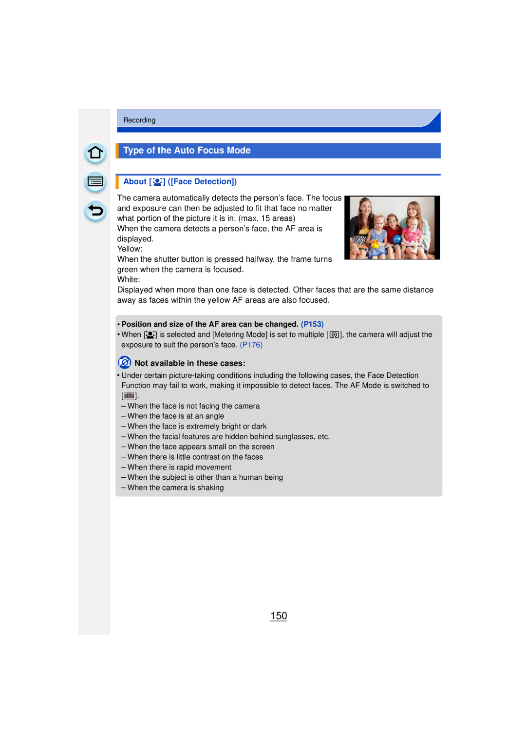 Panasonic DMCGF6KK owner manual 150, Type of the Auto Focus Mode, About Face Detection 