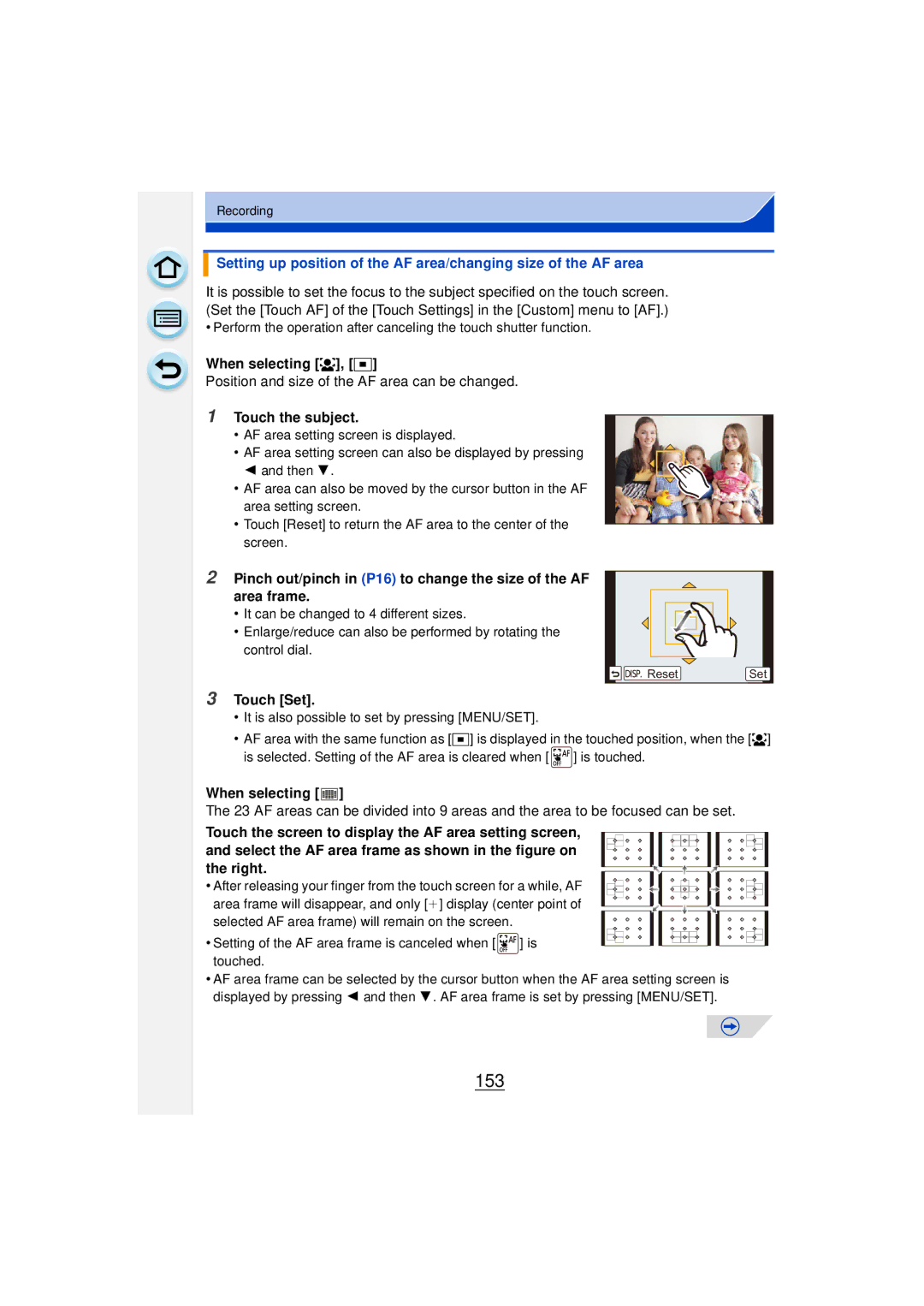 Panasonic DMCGF6KK 153, When selecting š, Ø, Position and size of the AF area can be changed, Touch the subject 