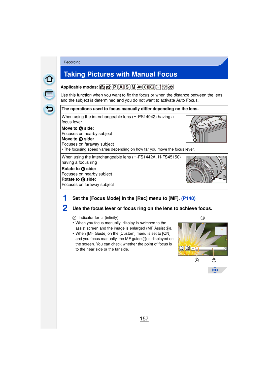 Panasonic DMCGF6KK owner manual Taking Pictures with Manual Focus, 157, Move to a side, Move to B side 