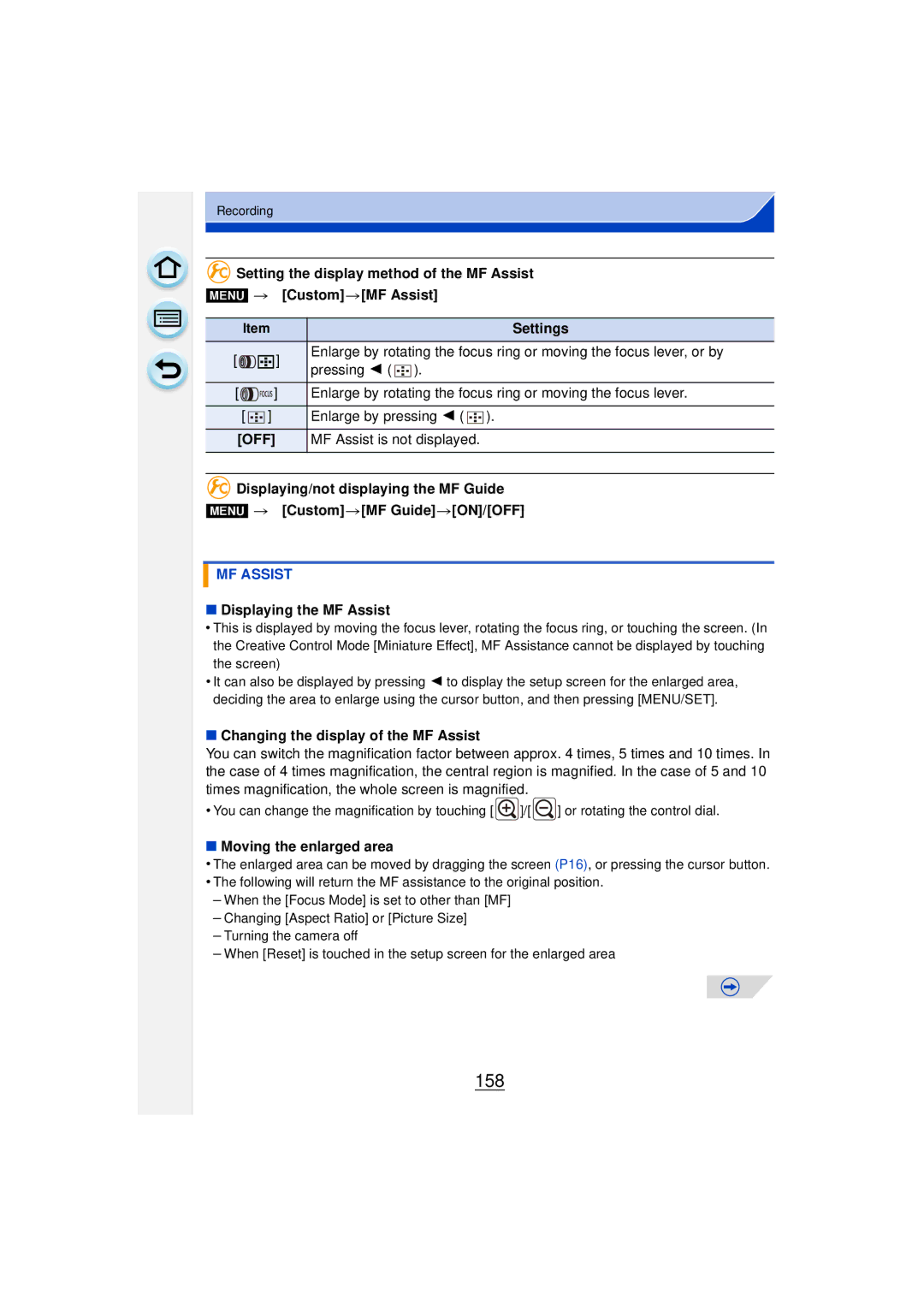 Panasonic DMCGF6KK 158, Displaying the MF Assist, Changing the display of the MF Assist, Moving the enlarged area 