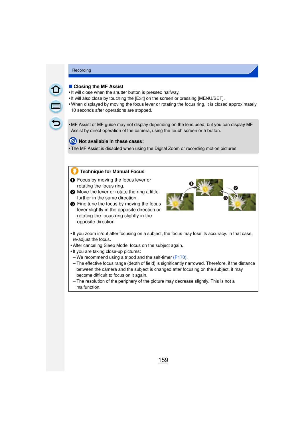 Panasonic DMCGF6KK owner manual 159, Closing the MF Assist, Technique for Manual Focus 