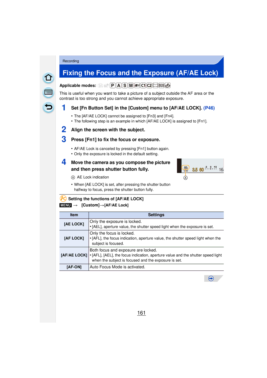 Panasonic DMCGF6KK owner manual Fixing the Focus and the Exposure AF/AE Lock, 161 