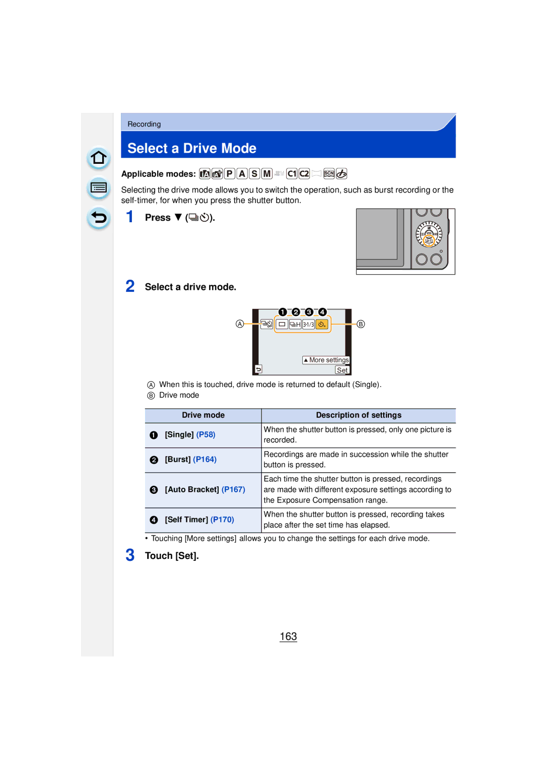 Panasonic DMCGF6KK owner manual Select a Drive Mode, 163, Press Select a drive mode 