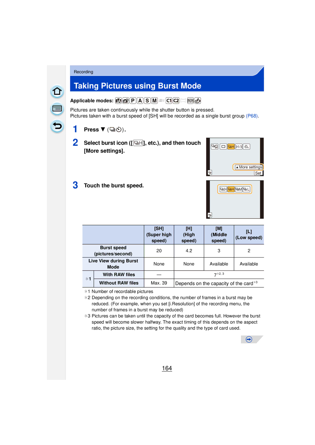 Panasonic DMCGF6KK owner manual Taking Pictures using Burst Mode, 164, Depends on the capacity of the card¢3 