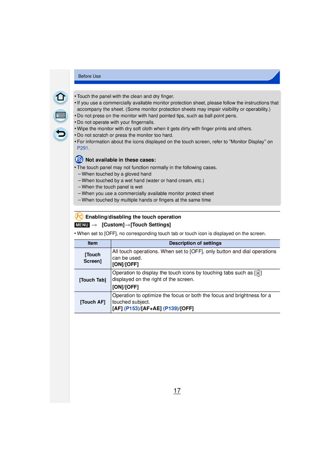 Panasonic DMCGF6KK owner manual Not available in these cases, On/Off, AF P153/AF+AE P139/OFF 