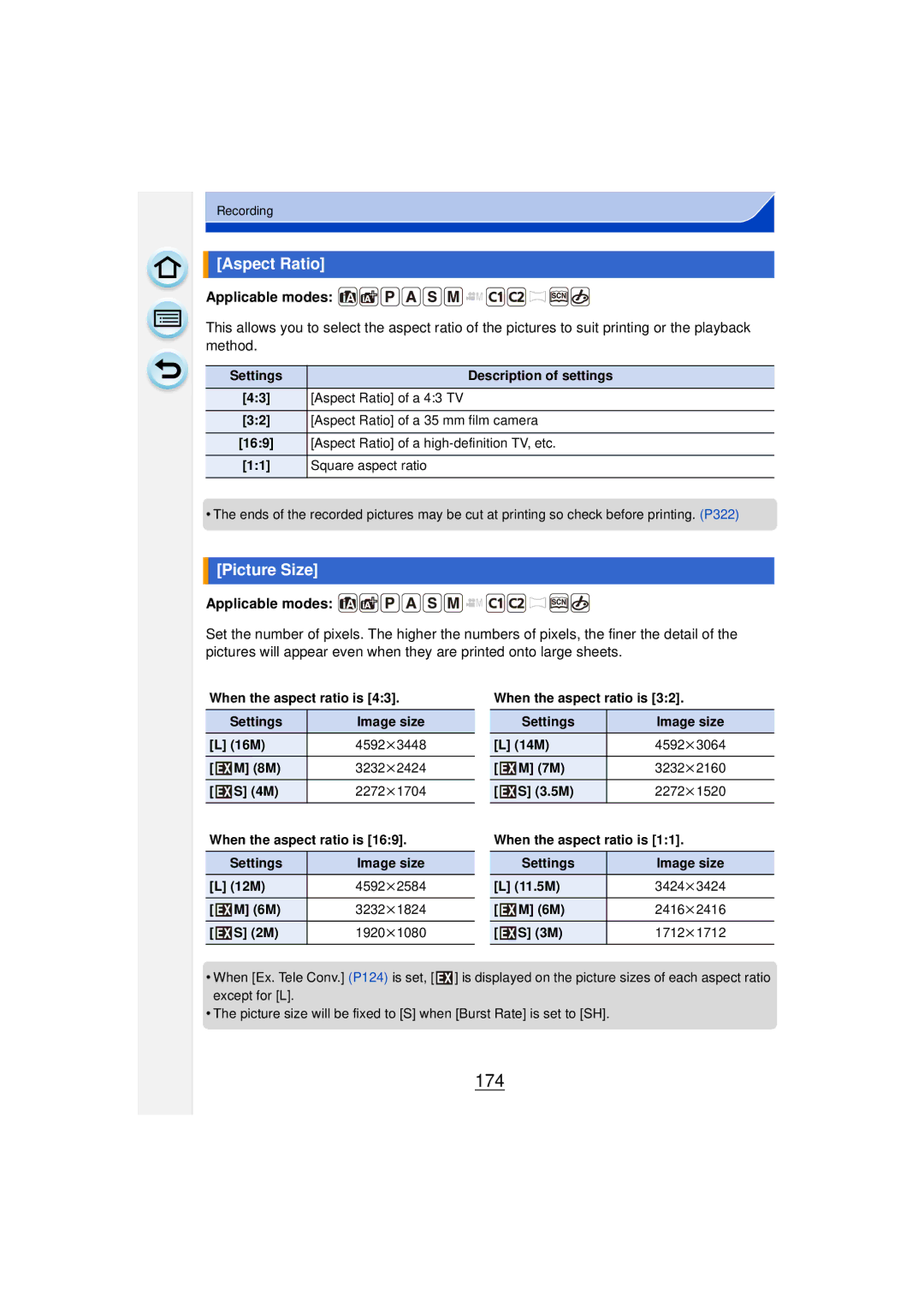 Panasonic DMCGF6KK owner manual 174, Aspect Ratio, Picture Size 