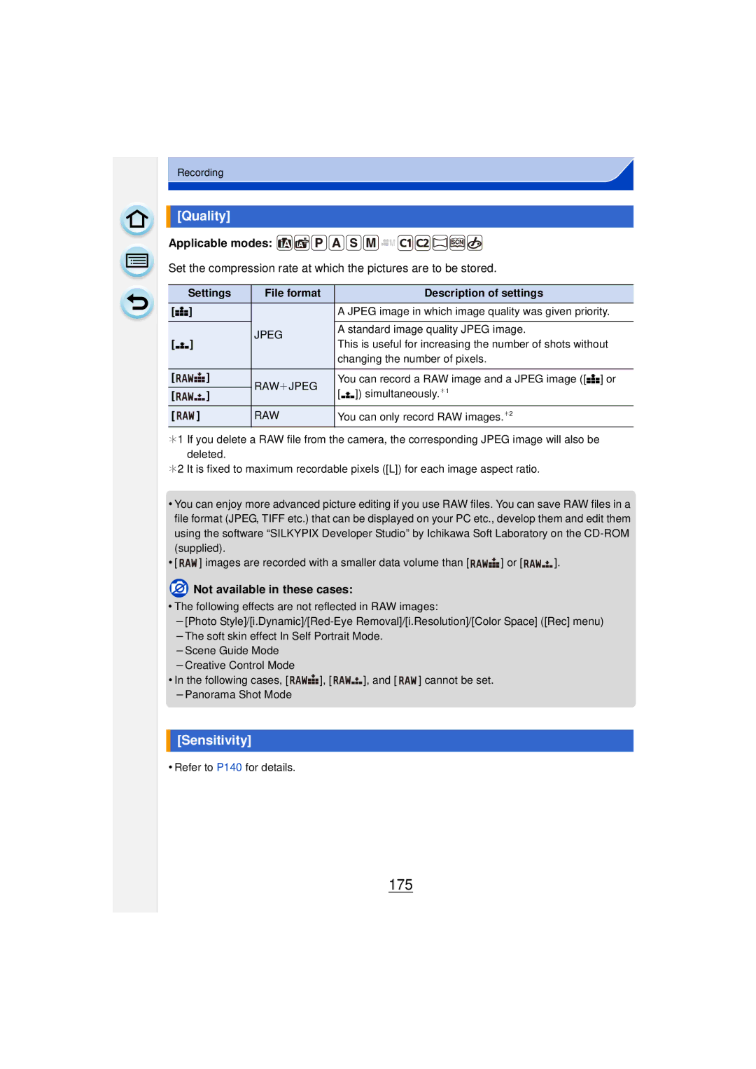 Panasonic DMCGF6KK owner manual 175, Quality, Sensitivity 