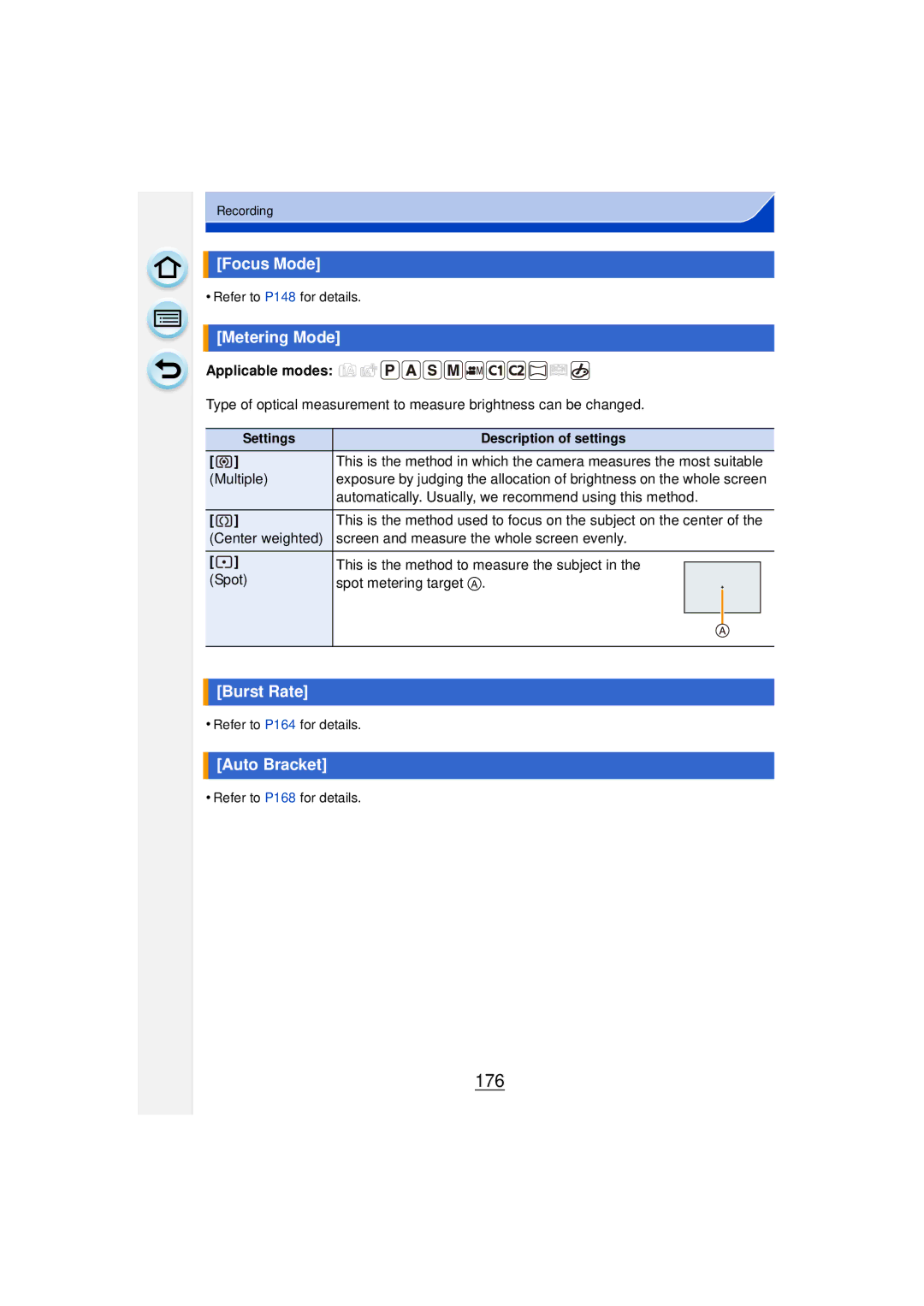 Panasonic DMCGF6KK owner manual 176, Focus Mode, Metering Mode, Burst Rate, Auto Bracket 