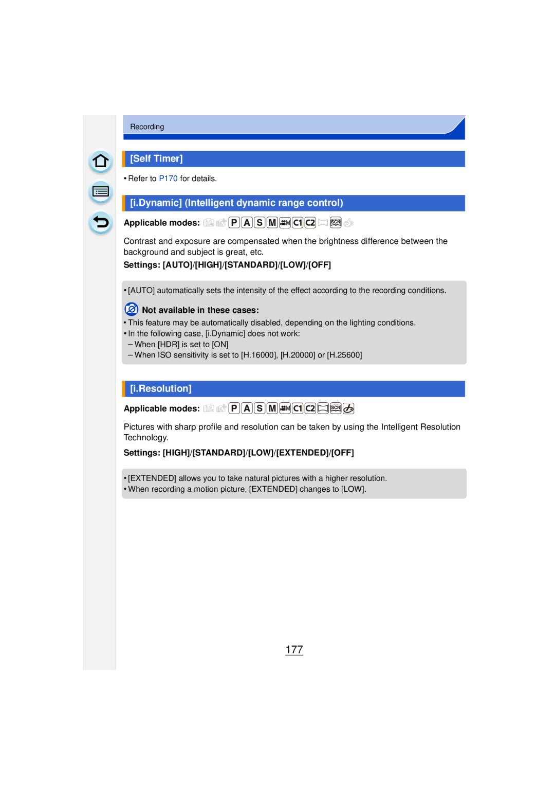 Panasonic DMCGF6KK owner manual 177, Self Timer, Dynamic Intelligent dynamic range control, Resolution 