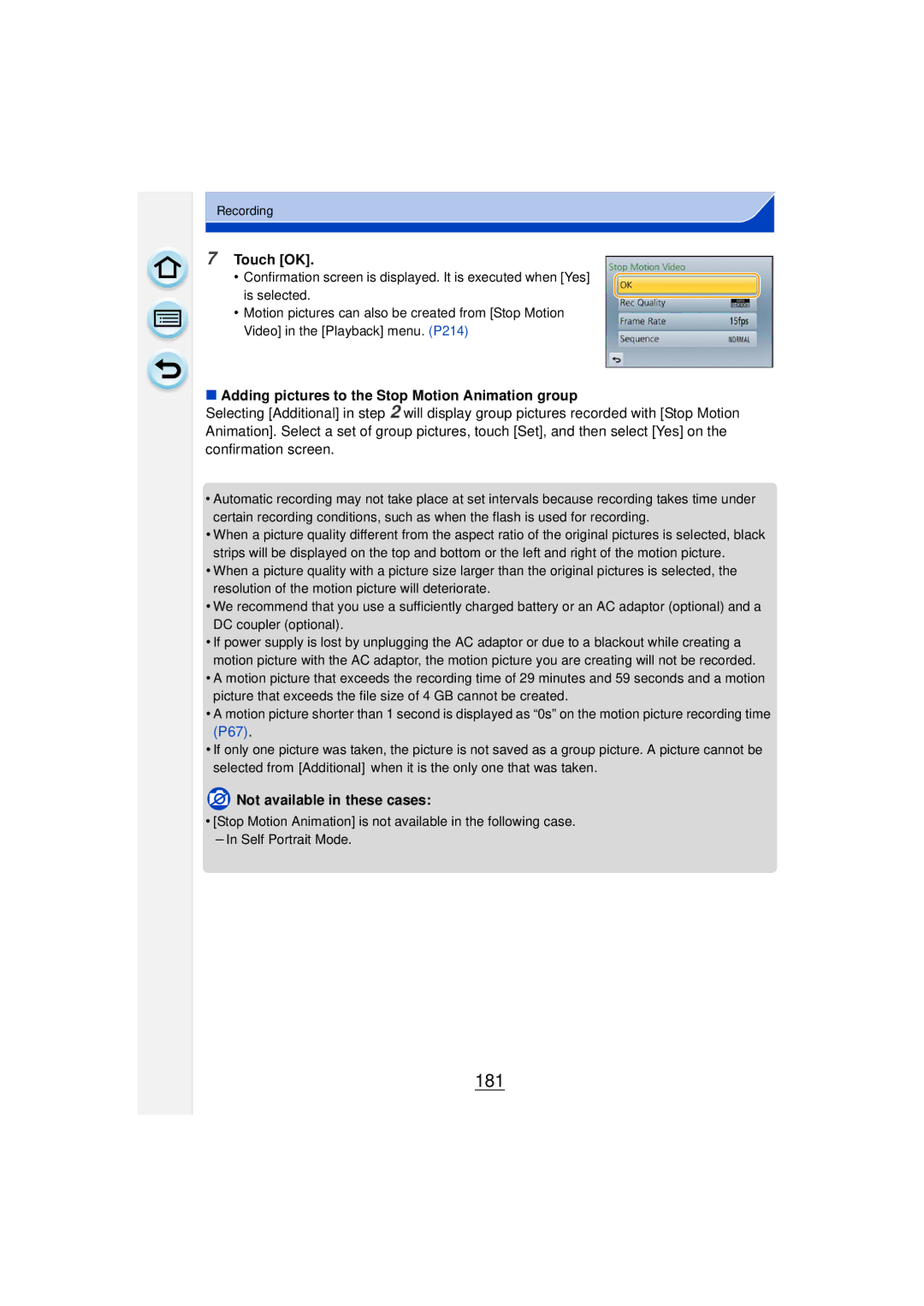 Panasonic DMCGF6KK owner manual 181, Touch OK, Adding pictures to the Stop Motion Animation group 