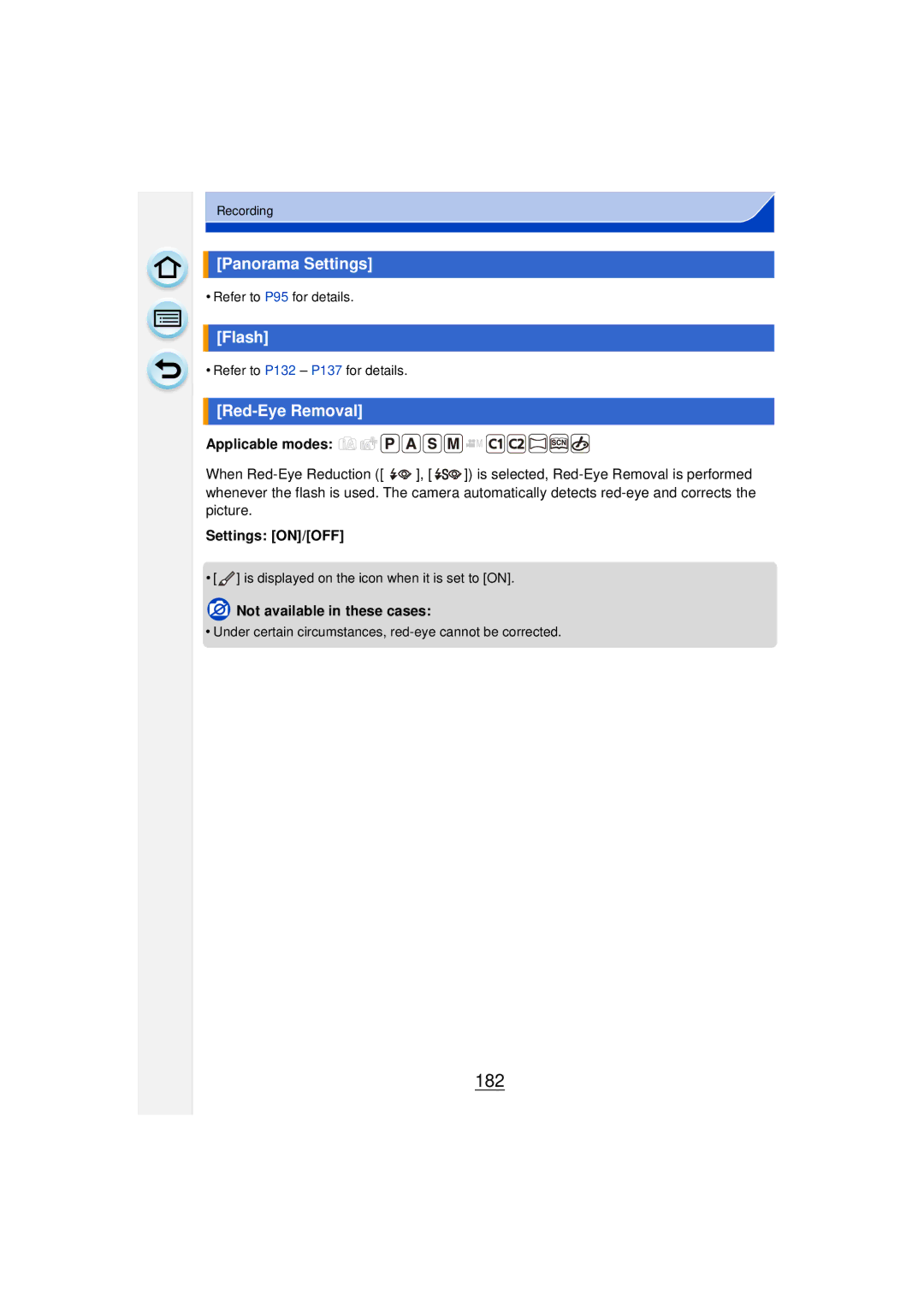 Panasonic DMCGF6KK owner manual 182, Panorama Settings, Flash, Red-Eye Removal, Settings ON/OFF 