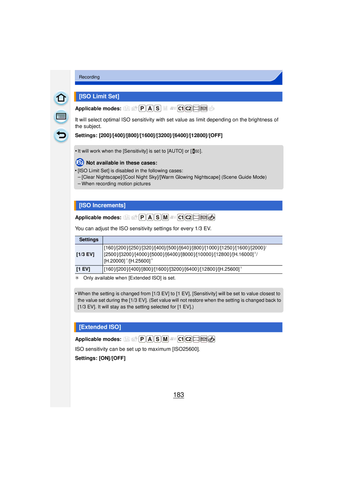 Panasonic DMCGF6KK 183, ISO Limit Set, ISO Increments, Extended ISO, Settings 200/400/800/1600/3200/6400/12800/OFF 