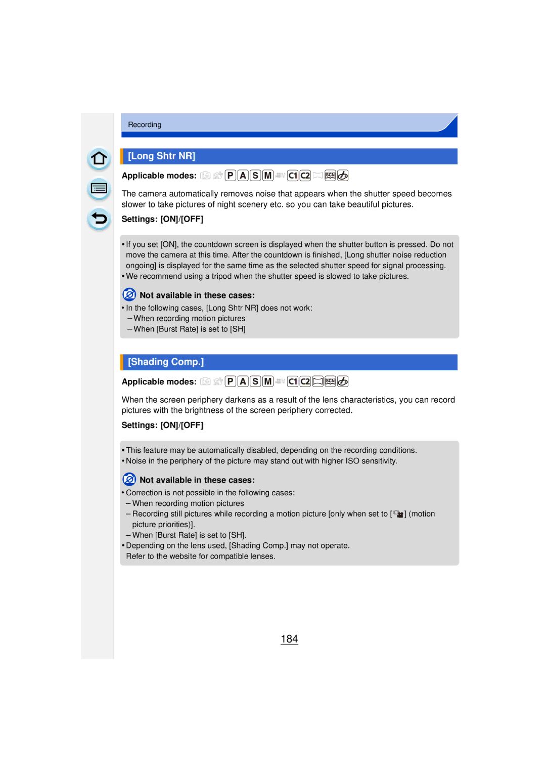 Panasonic DMCGF6KK owner manual 184, Long Shtr NR, Shading Comp 