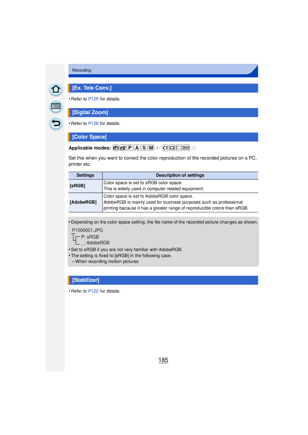 Panasonic DMCGF6KK owner manual 185, Ex. Tele Conv, Digital Zoom, Color Space, Stabilizer 