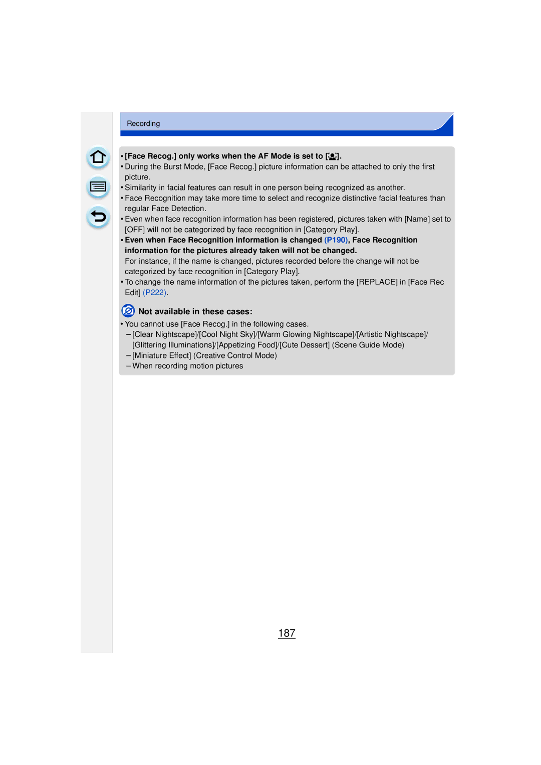 Panasonic DMCGF6KK owner manual 187, Face Recog. only works when the AF Mode is set to š 