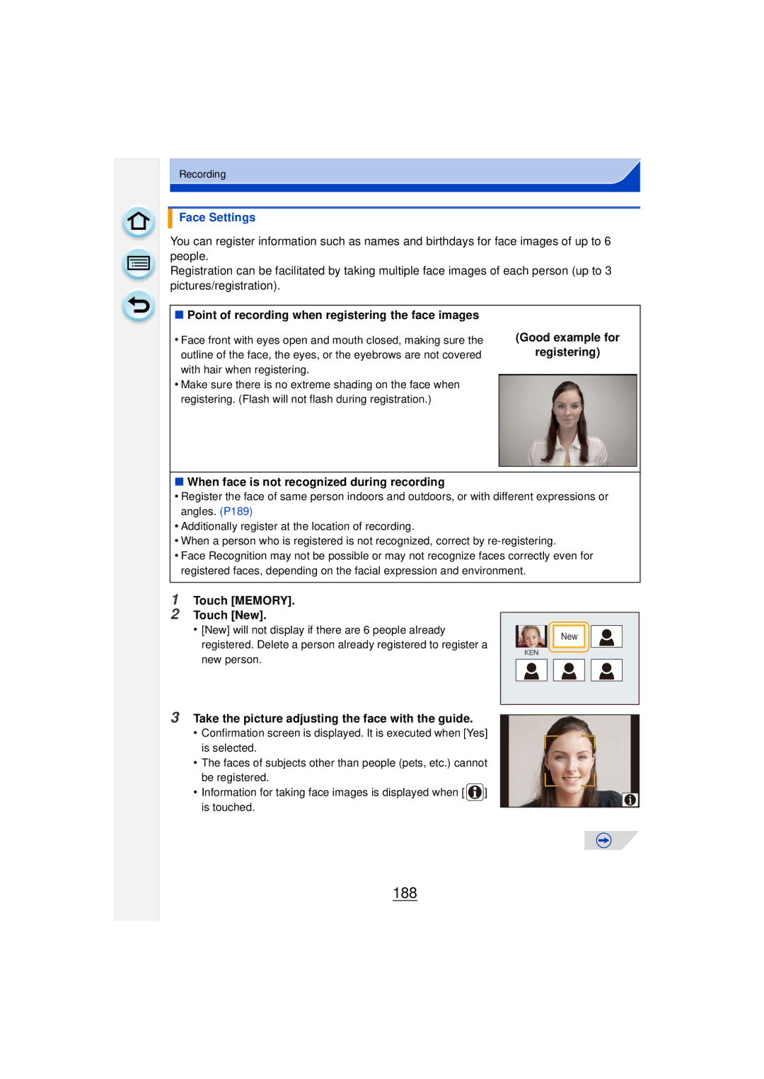 Panasonic DMCGF6KK 188, Face Settings, Point of recording when registering the face images, Touch Memory Touch New 