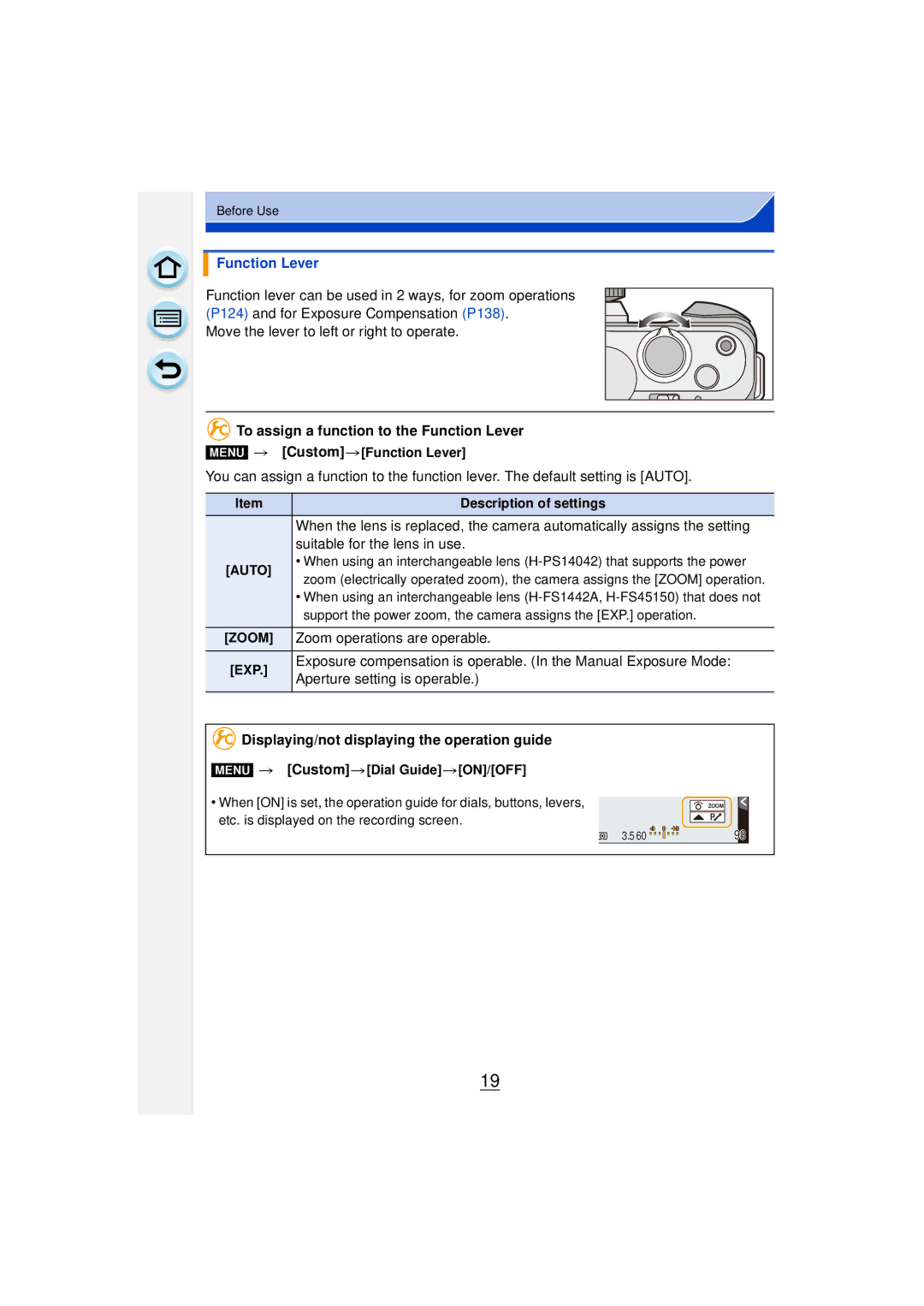 Panasonic DMCGF6KK To assign a function to the Function Lever, Displaying/not displaying the operation guide 