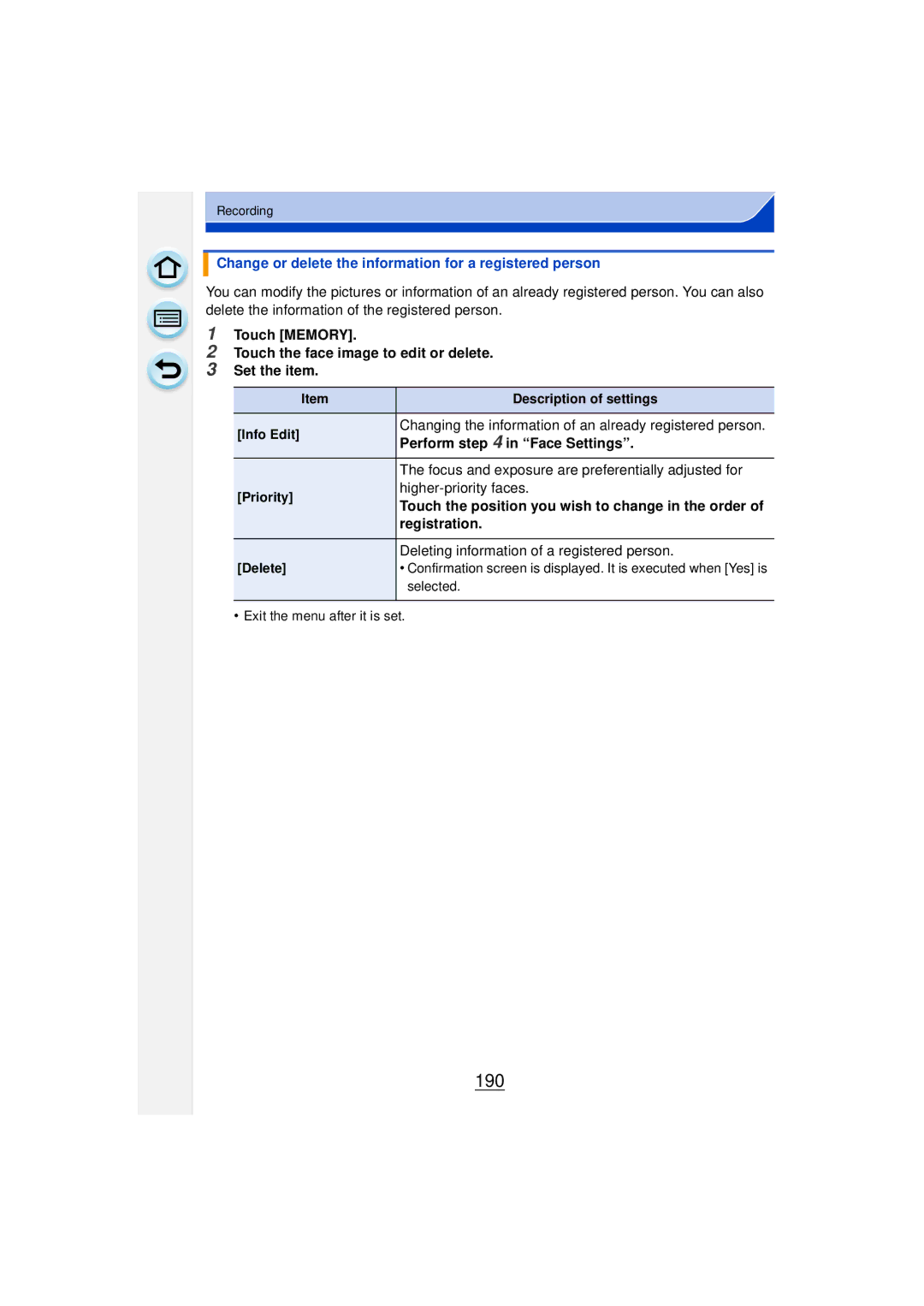 Panasonic DMCGF6KK owner manual 190, Change or delete the information for a registered person 