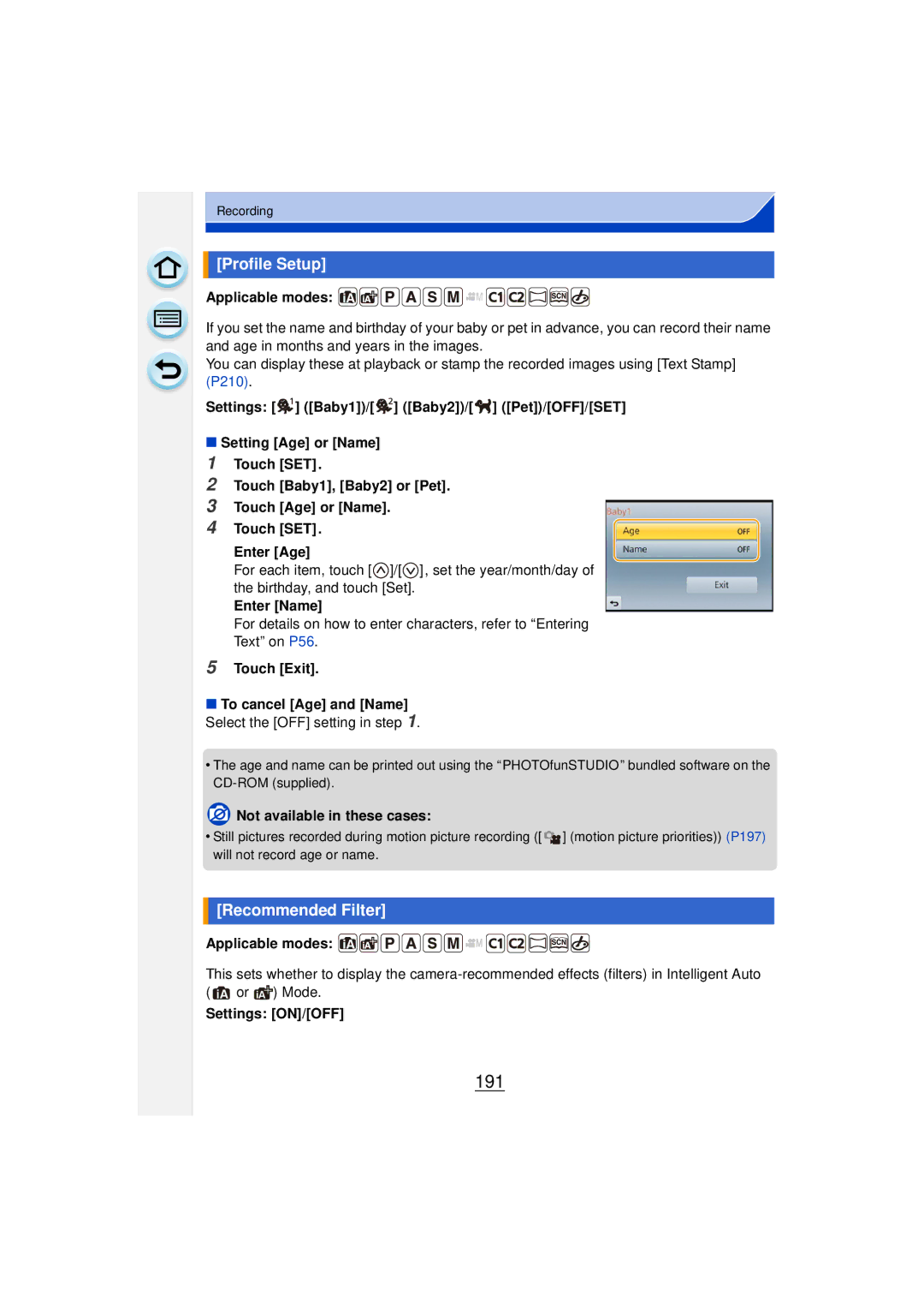 Panasonic DMCGF6KK owner manual 191, Profile Setup, Recommended Filter, Enter Name 