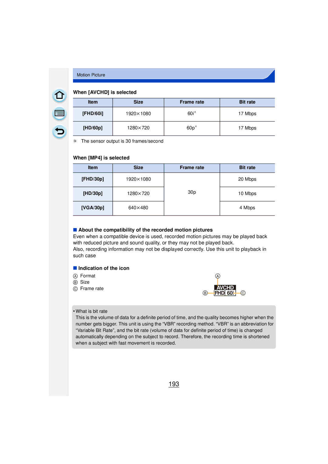 Panasonic DMCGF6KK owner manual 193, When Avchd is selected, When MP4 is selected, Indication of the icon 