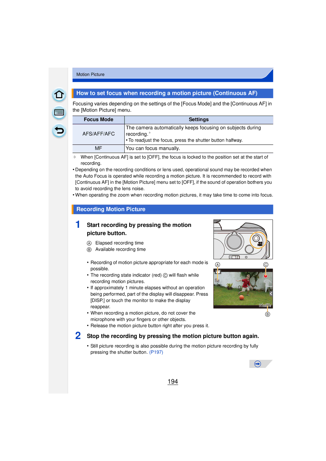 Panasonic DMCGF6KK owner manual 194, Recording Motion Picture, Focus Mode Settings, Recording. ¢ 